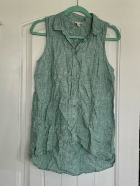 Garnet Hill Sleeveless Button-Front 100% Linen European Flax Top in Seafoam